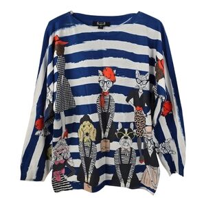 Quirky Cat Print Lightweight Striped Sweater